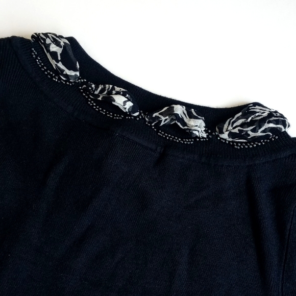 Emma James Nylon Rayon Deep Navy Blue Long Sleeve Sweater Silk Beaded Bow Trim S - Picture 7 of 10
